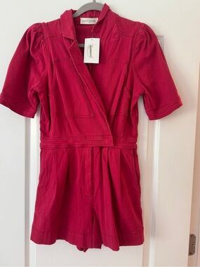Pants Store Red Short Sleeve Romper - Women's Wrap-Front Jumpsuit